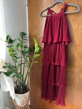 Tiered Pleated Burgundy Halter Dress